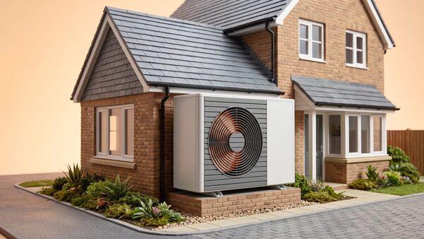 A model house with an air source heat pump unit mounted on the exterior wall
