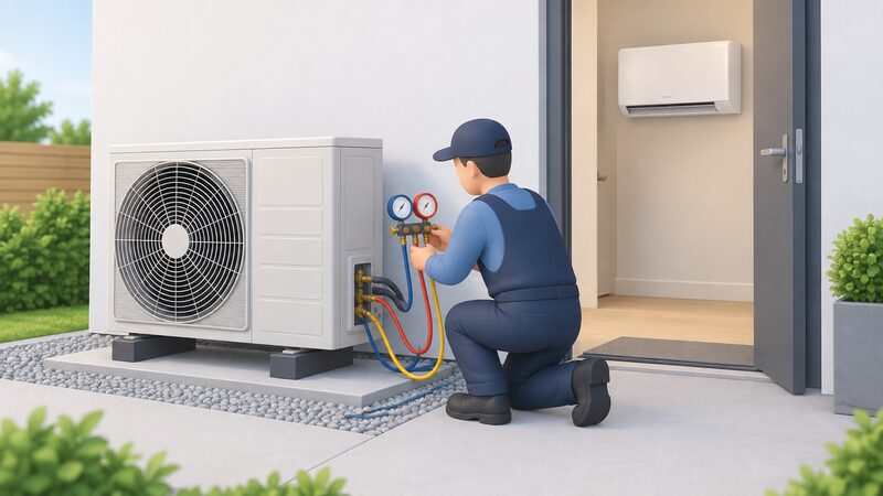 An installer kneeling beside an outdoor air-source heat pump unit, connecting manifold gauge hoses to its service valves while commissioning it, with the matching indoor unit visible on an interior wall through an open doorway behind.