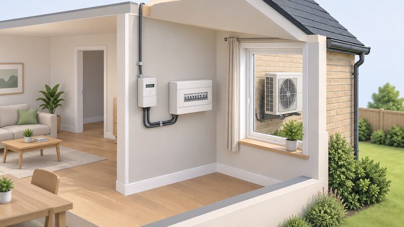A cutaway home interior showing an electricity meter and consumer unit on a wall, with a cable running from the meter into the house, and through a window behind them an air-to-air heat pump outdoor unit mounted on the outside wall.