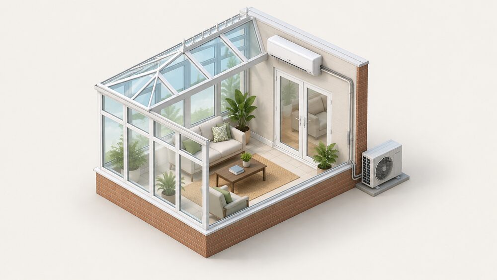A glazed conservatory interior in daylight with a high wall-mounted split air conditioning indoor unit fixed to the wall, its small refrigerant pipes and drain passing through the wall to an outdoor condenser unit standing outside with its fan, the conservatory separated from the house by glazed doors.