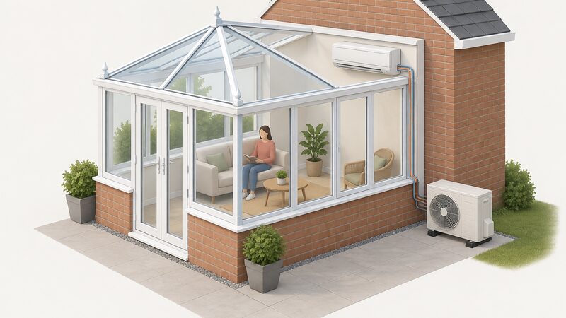 A cutaway view of a conservatory with a slim high wall indoor air conditioning unit mounted on the dwarf wall above the glazing, a small refrigerant pipe and drainage route running through the glass to an outdoor condenser unit with its fan on the ground outside.