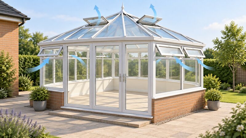A glass conservatory seen from outside with two roof vents open in the glazed roof and top-hung windows tilted open at the top of the side walls, letting air flow through the empty room.