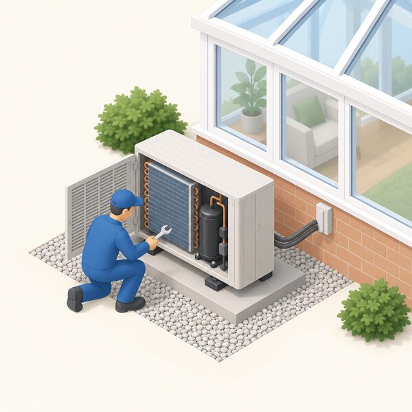 An isometric figure of a technician with a spanner servicing an outdoor air conditioning unit mounted on the ground beside a conservatory's external wall, the unit's grille open showing the condenser coil and compressor, with clear space around it for airflow and access and the refrigerant pipe connection running into the conservatory wall.