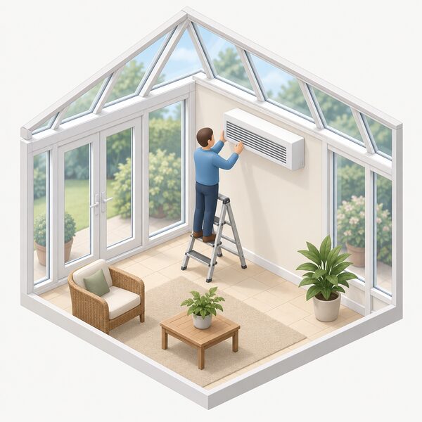 A built-in packaged air conditioner unit mounted high on the interior wall of a conservatory, shown as a single neat rectangular indoor unit with a plain louvred face, with a small isometric figure on a step ladder beside it as if installing or inspecting it.