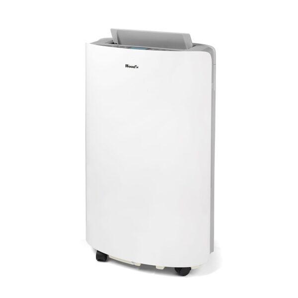 A white Wood's portable air conditioner unit on castors against a plain background