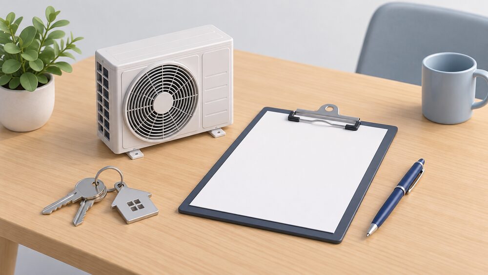 A small model of an outdoor air-conditioning condenser unit stands on a table beside a blank consent letter on a clipboard, a pen and a set of keys to a flat, suggesting the written permission needed before a fixed system is installed.