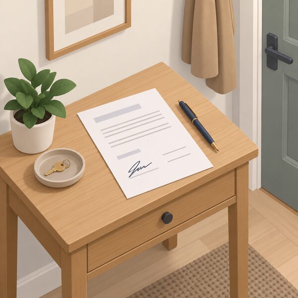 A signed consent letter lying on a table in a flat's hallway, shown as a physical sheet with a signature block and blank lines, beside a pen, with no readable words or figures.