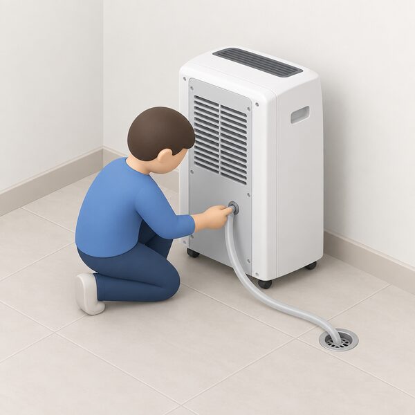 A small isometric figure stands beside a portable air conditioning unit in a plain room, attaching a thin drain hose to the small condensate drain port low on the back of the unit, with the hose running down to a floor-level drain point.