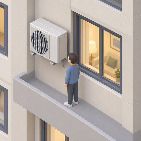 A wall-mounted outdoor condenser unit fixed to the exterior wall of a block of flats, positioned close beside a neighbouring flat's lit window, with a small isometric figure standing between them looking at the gap to show how near the unit sits to homes.