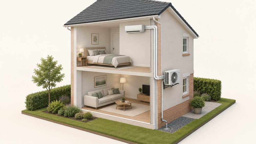 A cutaway of a house wall showing a split air conditioning installation: an indoor unit high on an interior room wall, an outdoor unit on a bracket on the outside wall, and a pair of insulated copper refrigerant pipes with a condensate hose and control cable running between them in trunking.