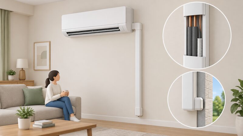 A wall-mounted indoor air conditioning unit high on an interior wall, with a vertical trunking run from its side carrying a pair of insulated copper refrigerant pipes, a control cable and a condensate hose down the wall and out through the wall to the outside.