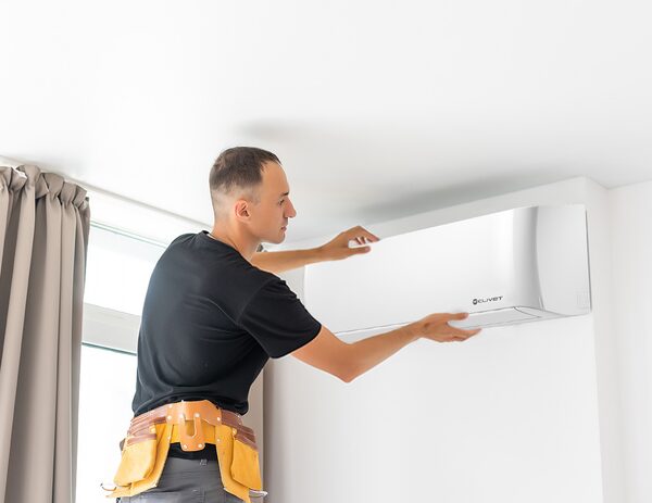 An engineer fitting a white Clivet wall-mounted split air conditioning unit in a bright room