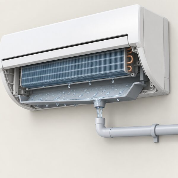 A close-up cutaway view beneath a wall-mounted indoor air conditioning unit showing the sloped condensate tray with water droplets on its wet surface, draining through a short pipe into the condensate drain line running away from the unit.