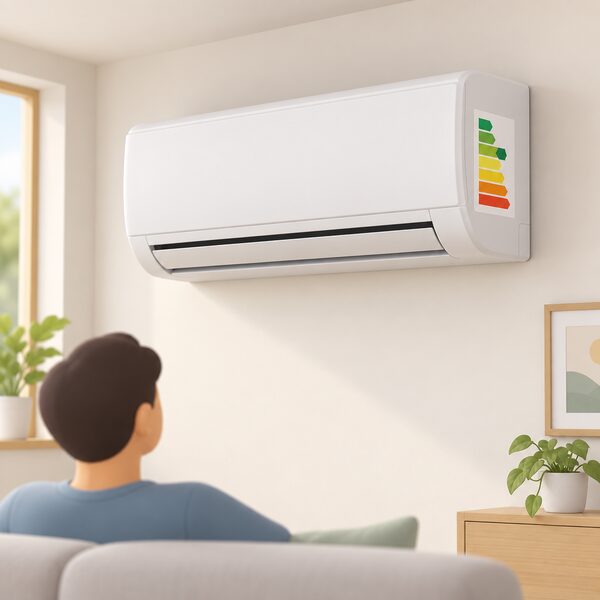 A wall-mounted indoor air conditioning unit in a home room with a plain energy efficiency sticker on its side, the sticker showing a simple A to G colour scale with one band highlighted, drawn as a physical label on the appliance.