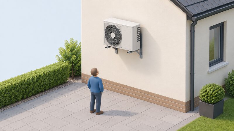 A small isometric figure stands on a paved area beside a house wall looking up at an outdoor condenser unit fixed on a wall bracket, with open space around the unit's sides and above showing airflow clearance and a clear drop to the paving below.