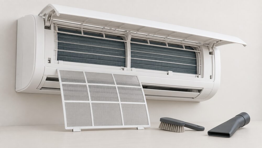 A wall-mounted indoor air conditioning unit with its front panel lifted open, the mesh filter slid out and held clear of the unit, a soft brush and a small vacuum nozzle resting nearby, with the coil face and grille visible behind the open cover.