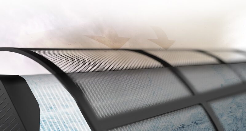 A close-up render of an air conditioner mesh filter being lifted from a wall-mounted indoor unit, with arrows showing airflow
