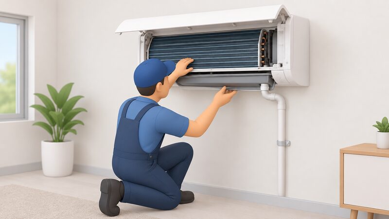 A technician kneels beside a wall-mounted indoor air conditioning unit with its cover open, inspecting the coil face while checking the condensate drain tray and pipe running from the unit.