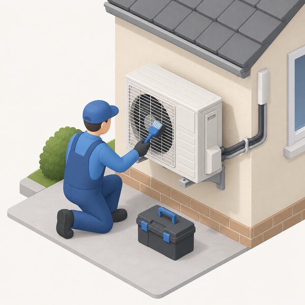 An F-Gas registered engineer, shown as a simplified isometric figure with a toolbox, kneels beside the outdoor unit of a fixed air conditioning system on an exterior house wall, cleaning the coil and fan with a brush while refrigerant pipework runs back into the building.