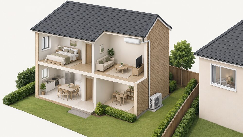 A cutaway house showing a slim split-system indoor unit high on a living room wall, connected by a pipe run through the external wall to an outdoor condenser unit on the ground outside, with the neighbouring house's window visible across the boundary.
