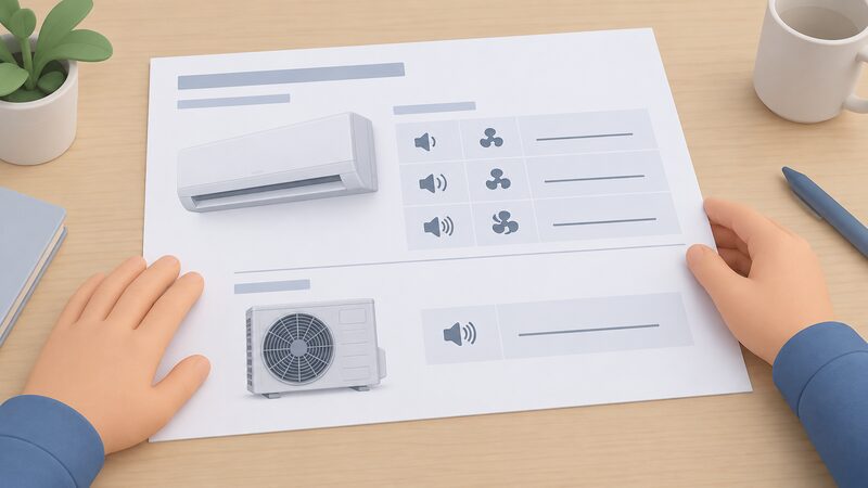A printed specification datasheet lying on a table, held flat by a person's hand, showing three separate sound pressure rows for quiet, middle and high fan speeds plus a separate outdoor unit row, each row's value shown only as a blank line.