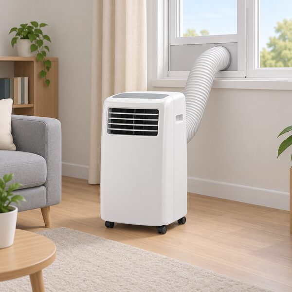 A wheeled portable air conditioner standing on the floor of a simply furnished room, its flexible exhaust duct running from the back of the unit up to a window opening, with no people present.