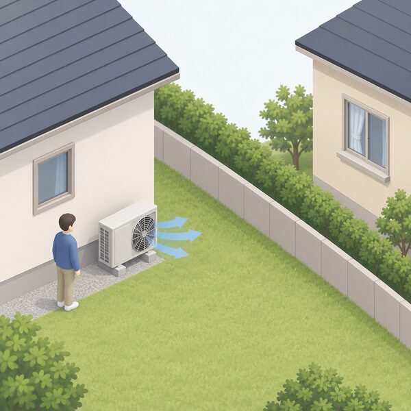 An isometric figure stands beside an air conditioning outdoor unit on the ground outside a house, positioned well away from a neighbouring property's window, with the fan discharge side turned to face away from that window.