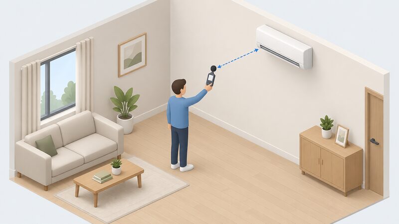 A simplified figure stands in a room holding a handheld sound level meter up at arm's length, one metre from a wall-mounted indoor air conditioning unit mounted high on the wall, the meter's screen shown as a plain blank display.