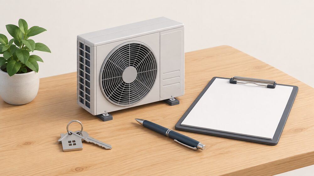 A small model of an air source heat pump outdoor unit stands on a table beside blank application paperwork on a clipboard, a pen and a house key, representing the planning decision a household faces before fixing a unit to an external wall.