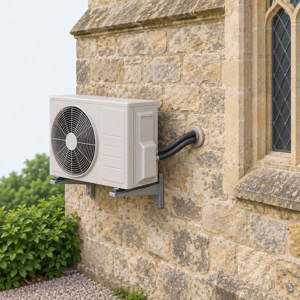 An outdoor air conditioning unit fixed to the stone external wall of an old listed building, with refrigerant pipework running from the unit through a visible penetration in the historic wall toward the interior, showing that the pipework and wall hole form part of the consented works alongside the unit itself.