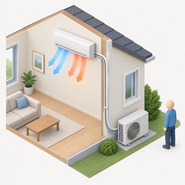 A small isometric view of a house wall with a reverse-cycle air conditioning unit: an indoor unit high on an interior wall connected through the wall to an outdoor condenser unit on the ground outside, with a simplified figure standing beside the outdoor unit, all powered by electricity with no gas connection shown.