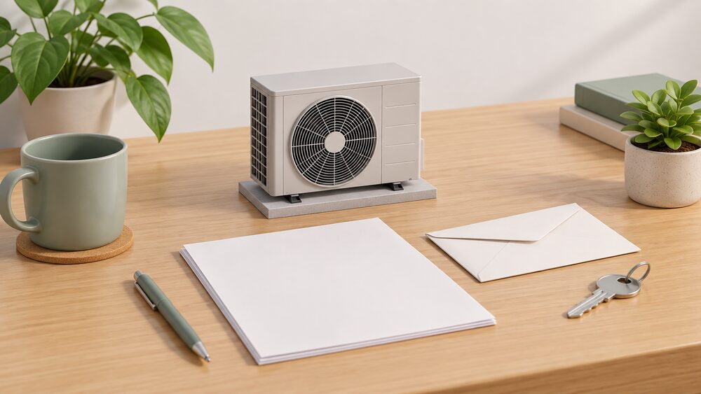 A small model of an external air source heat pump fan unit stands on a table beside blank planning application paperwork, a sealed envelope and a house key, showing the moment a household decides whether their unit needs a planning application.