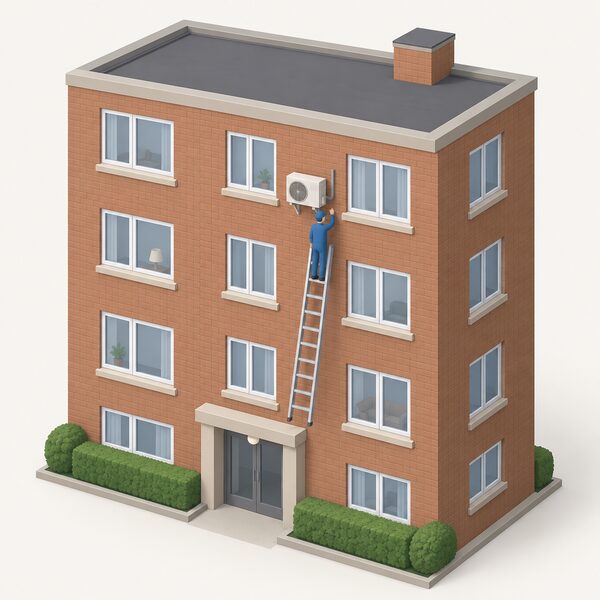 A small air source heat pump outdoor unit mounted high on the external brick wall of a multi-storey block of flats, shown in isometric view with several flat windows around it and a simplified figure on a ladder beside it, conveying that a flat in a shared building has no private curtilage for permitted development.