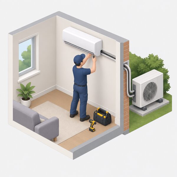 A registered installer in plain work clothing fits a wall-mounted indoor air conditioning unit high on an interior room wall, connecting refrigerant pipework and electrical wiring that run through the wall to an outdoor condenser unit, with a tool bag and drill beside them.