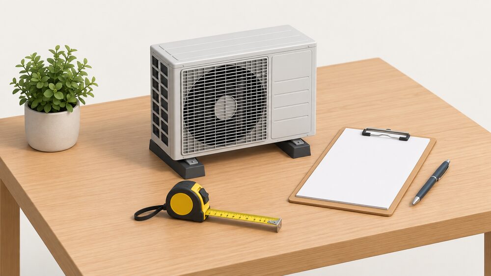 A small model of an outdoor air source heat pump compressor unit in its housing stands on a table beside blank application paperwork on a clipboard, a pen and a measuring tape, suggesting the planning decision about the unit.