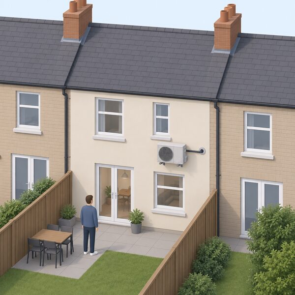 A single cooling-only air conditioning condenser unit mounted on the rear outside wall of a plain terraced house, connected by refrigerant pipework through the wall to the interior, shown as the kind of installation that would require a planning application.