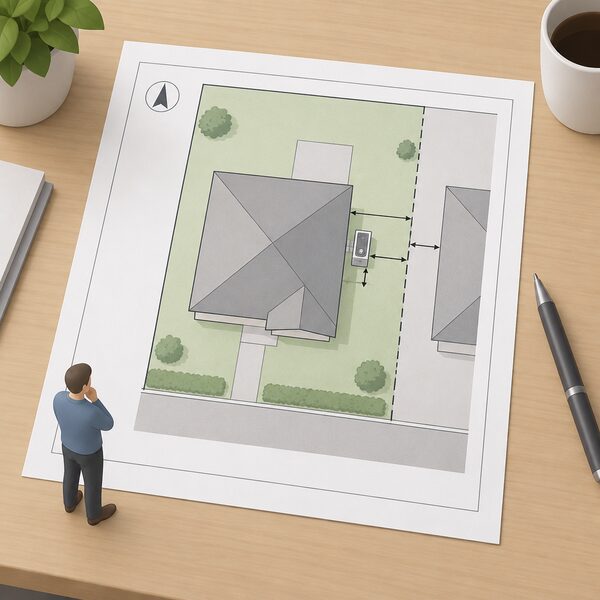 A site location plan drawing laid on a table, showing a simplified house outline with a small outdoor air conditioning unit marked beside its rear wall, dimension lines indicating its position and size relative to the building and a neighbouring boundary, prepared for submission to the local planning authority.
