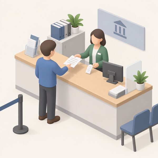 A simplified isometric figure stands at a council planning office counter, handing a folded application document with blank lines across to a staff member behind the counter, with a payment receipt being passed back.