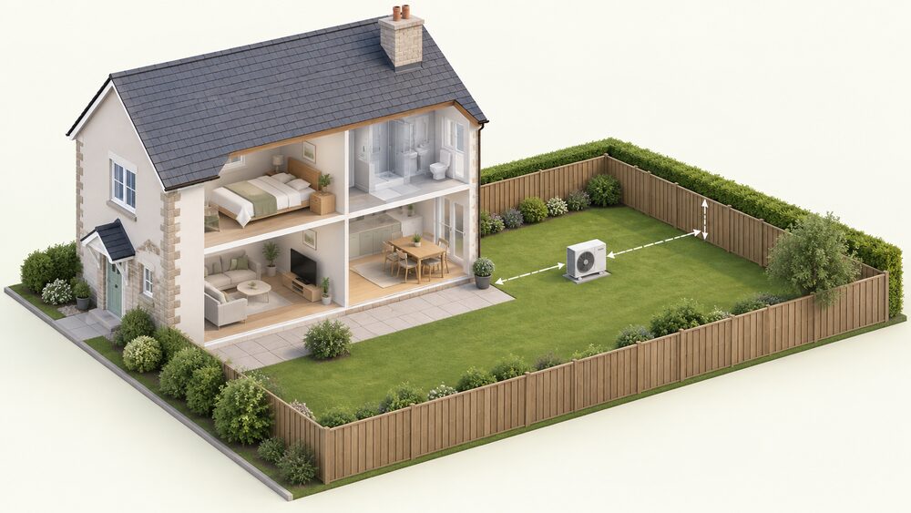 A cutaway view of a Welsh house and its back garden showing a single air-to-air heat pump outdoor unit standing on the ground at least three metres from the garden boundary fence, with a measuring line between the unit and the fence and the house wall behind it.