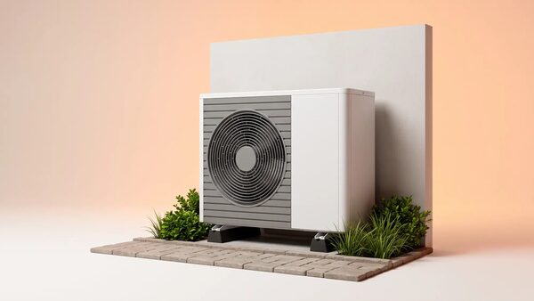A white air-to-air heat pump outdoor unit with a large fan, mounted against a plain wall with shrubs and paving