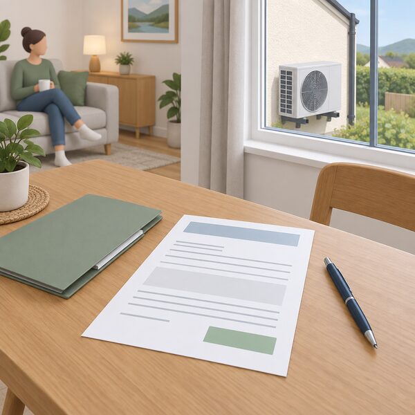 A completion notification document for building work lying on a table inside a dwelling, drawn as a physical sheet with blank lines and plain colour blocks, beside it a pen and a folder, with an air source heat pump unit visible on the outside wall through a nearby window.