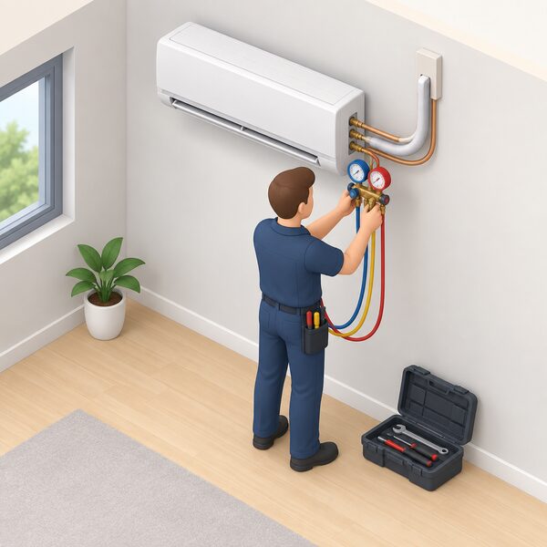 A certified engineer in plain work clothing, shown as a simplified isometric figure, services the refrigerant circuit of a wall-mounted air-to-air heat pump indoor unit inside a room, using gauges and tools at the unit's connecting pipework.