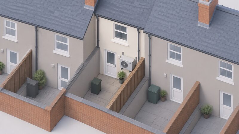 An isometric view of a narrow rear yard behind a Welsh terraced house, with a small air source heat pump unit mounted on the rear wall and a boundary fence running so close behind it that the gap between unit and boundary is clearly far less than the required distance.