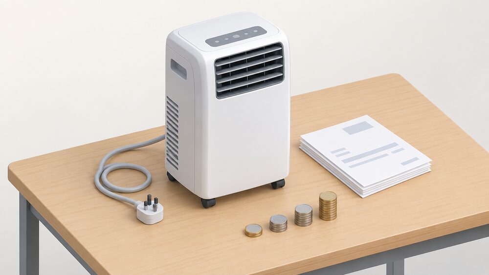 A small portable air conditioning unit on a table beside a stack of blank electricity bills, a plug on its coiled lead, and a short row of coins, suggesting the hourly cost of running it.
