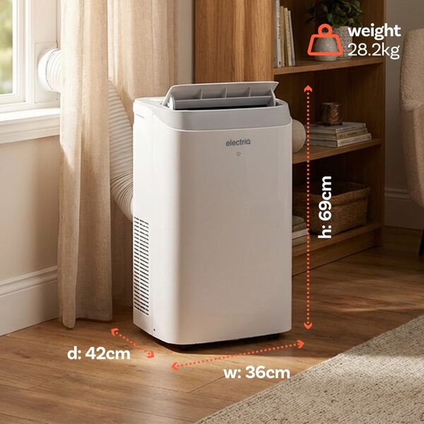 A white electriQ portable air conditioner standing in a living room with dimension and weight annotations overlaid