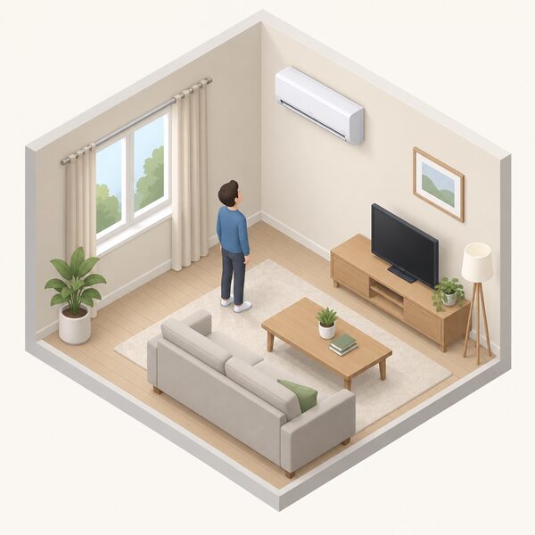A single wall-mounted air conditioning indoor unit fixed high on the wall of one ordinary home room, with a small isometric figure in the room looking up at it, showing one unit serving just that single room.