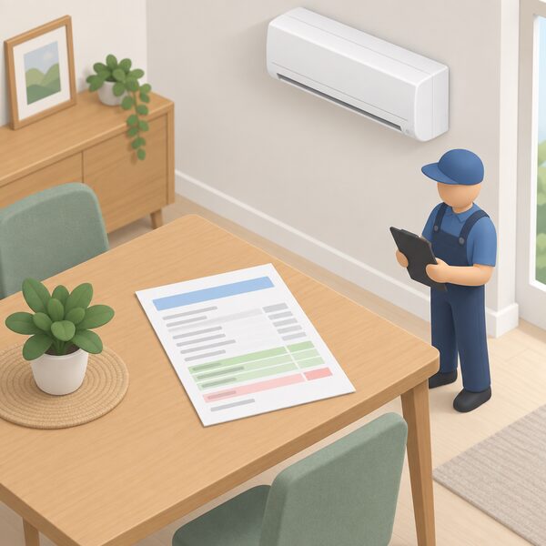 A printed installer's quote lying on a table in a home, with plain line items and colour bands showing the VAT position, beside a small isometric figure of an installer holding a clipboard next to a wall-mounted air conditioning indoor unit.