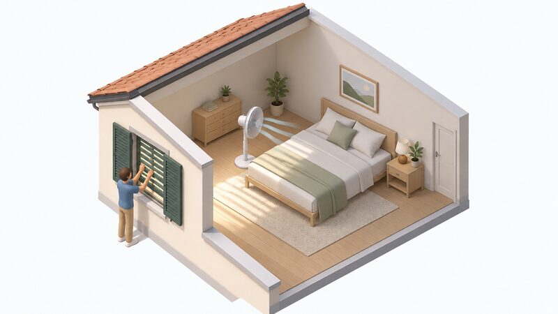 A top-floor bedroom in summer with external shutters partly closed over the window, a pedestal fan angled toward the bed, and a simplified isometric figure adjusting the shutter slats to shade the room.