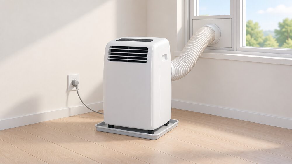 A portable air conditioner standing on a floor, its short power cord plugged directly into a single wall socket with nothing else in it, its flexible vent hose running to a sealed window kit, and a small condensate drain tray beneath the unit.
