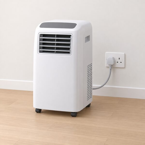 A portable air conditioner on a floor with its short cord running directly to a standard UK three-pin wall socket in a plain wall, the plug fully inserted, with no extension lead or other appliance anywhere in the scene.